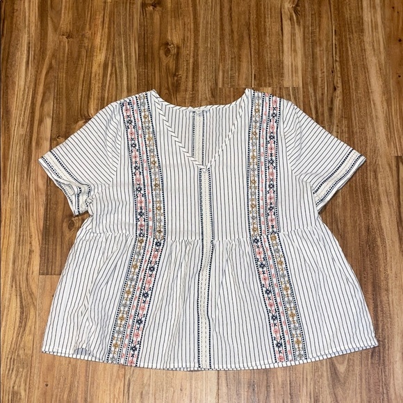 THML women’s large top blouse vneck stripe embroider white blue short sleeve - Picture 1 of 9